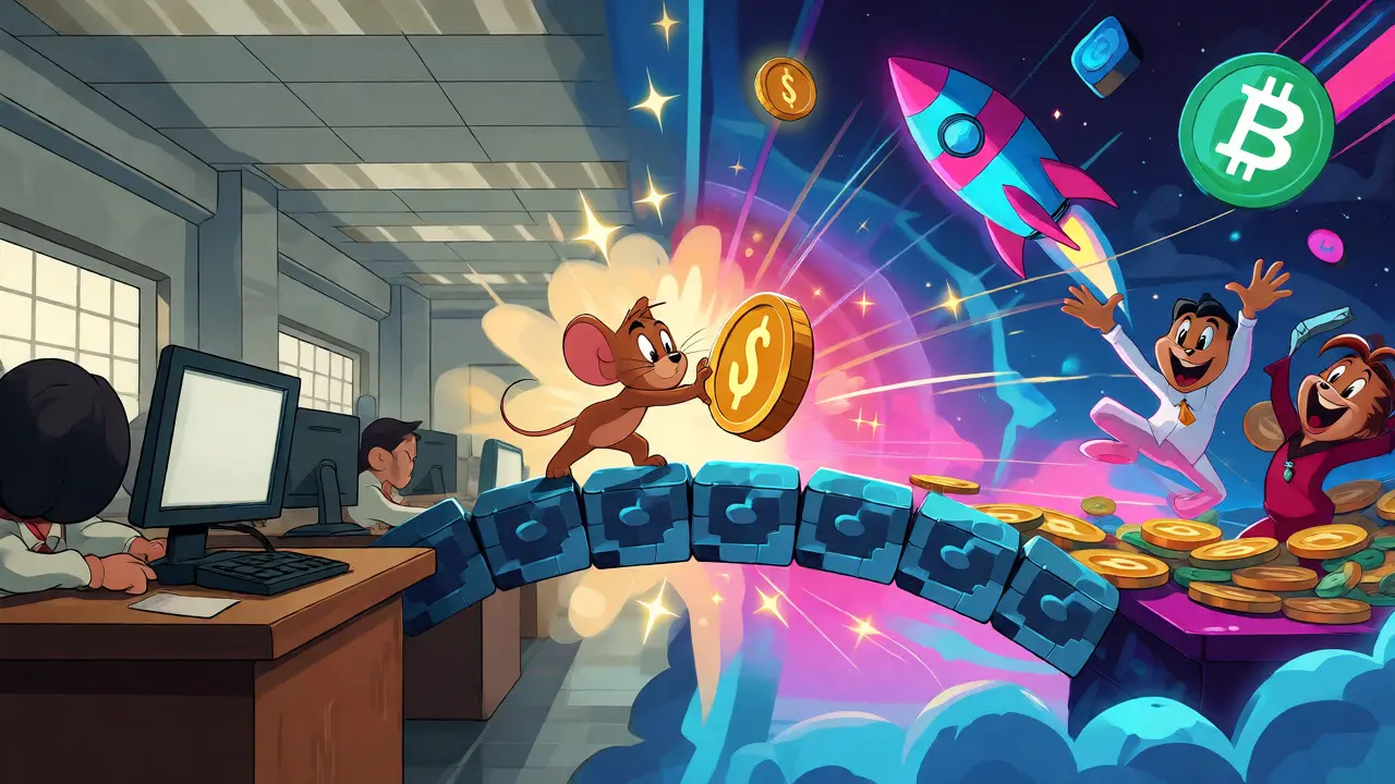 Bridge connecting traditional office to vibrant crypto world