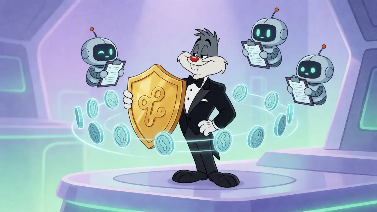 Calm validator in a tuxedo surrounded by floating coins illustrating efficient PoS staking