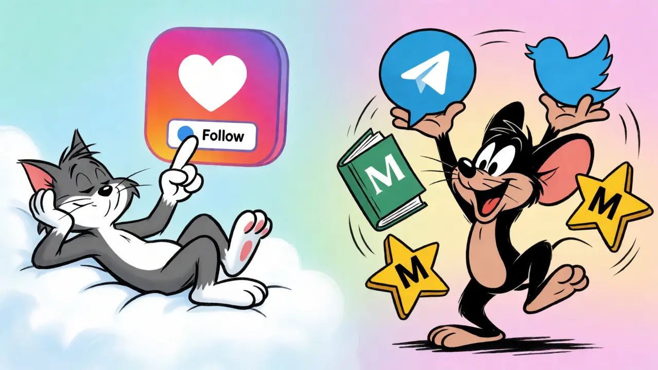 Cartoon characters contrasting lazy vs frantic social media tasks