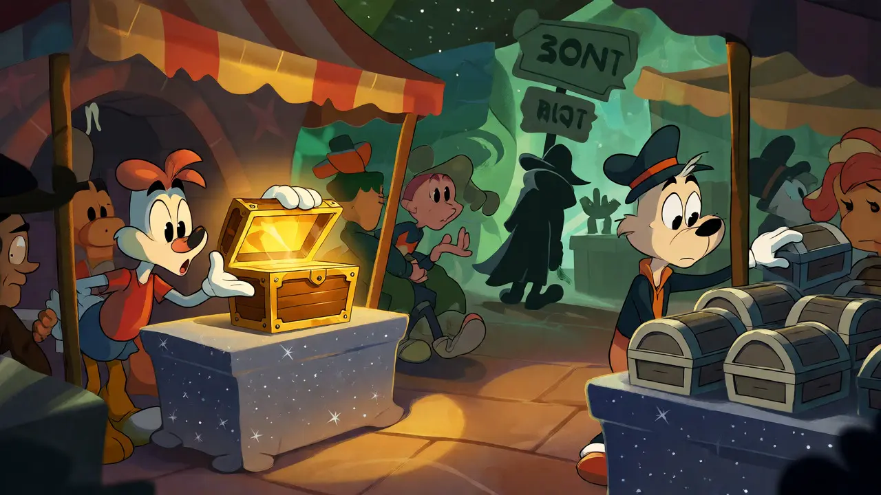 Cartoon characters trade glowing chests in a cosmic bazaar while a scammer lurks nearby.