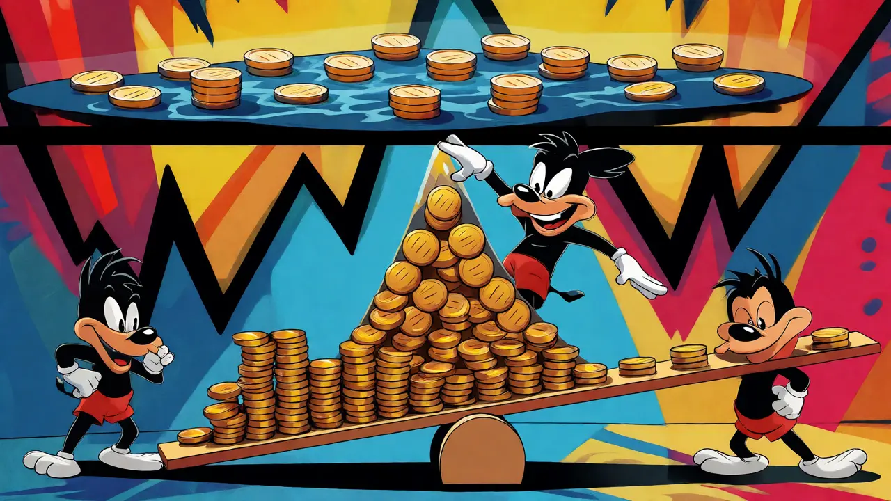 Cartoon depiction of Spot, Curve, and Bid-Ask liquidity strategies with exaggerated character expressions.