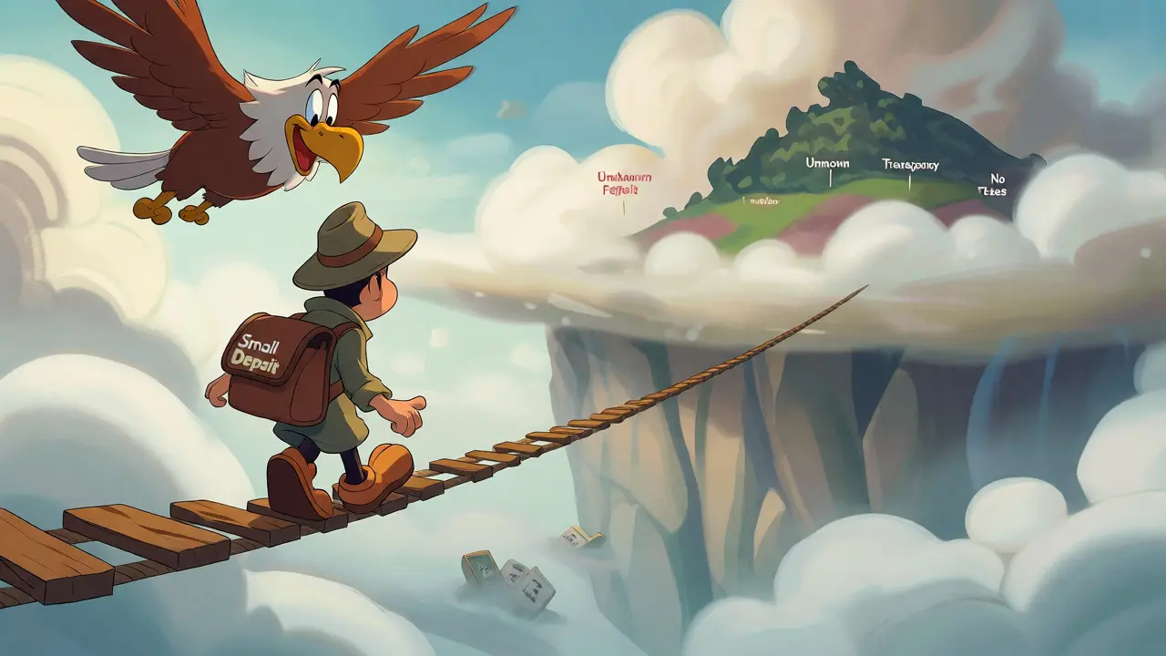 Cartoon explorer walking a tightrope over a misty abyss of uncertainty.