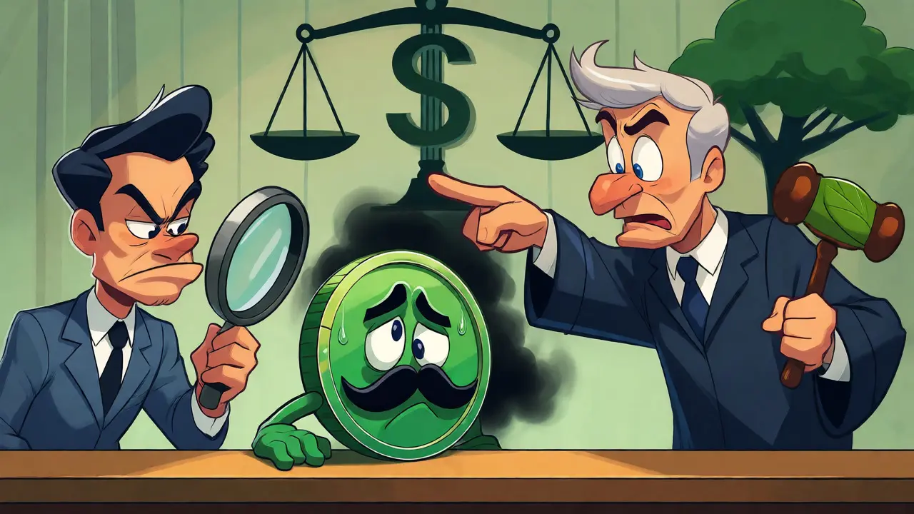 Cartoon investor exposing a fake eco-friendly coin in a whimsical courtroom setting.