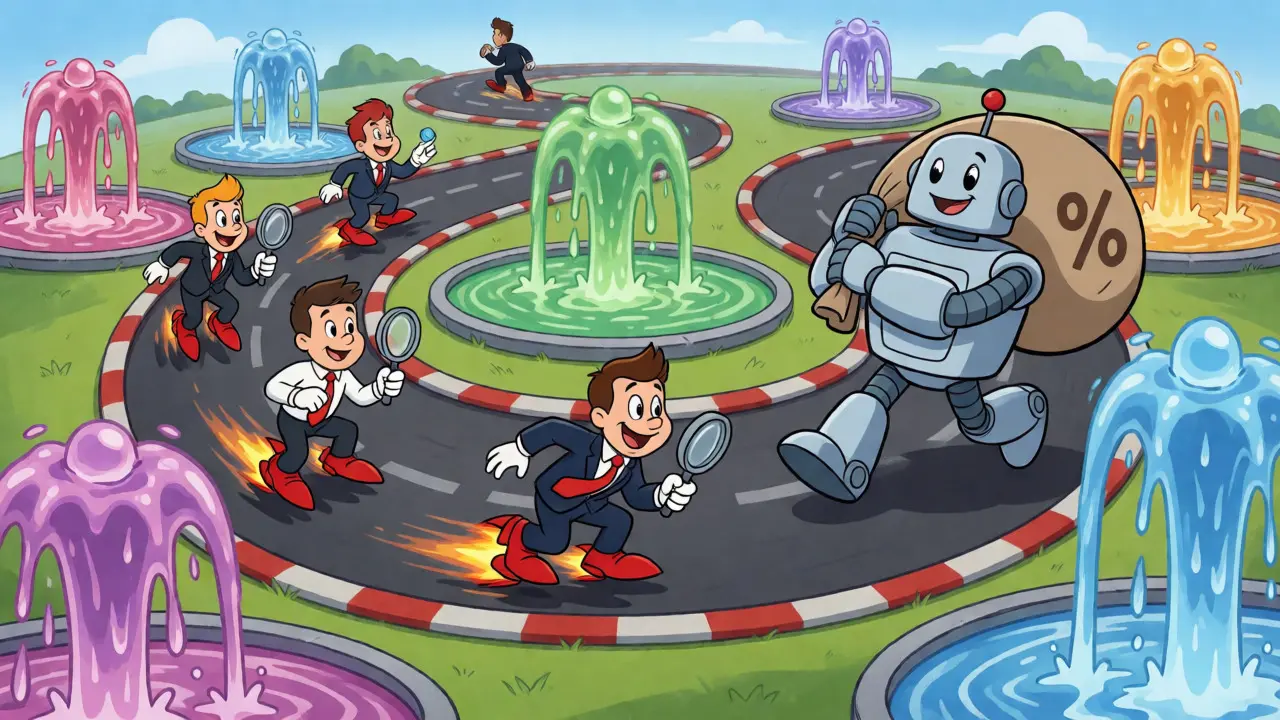 Cartoon investors racing near decentralized exchange pools with a robot mascot.