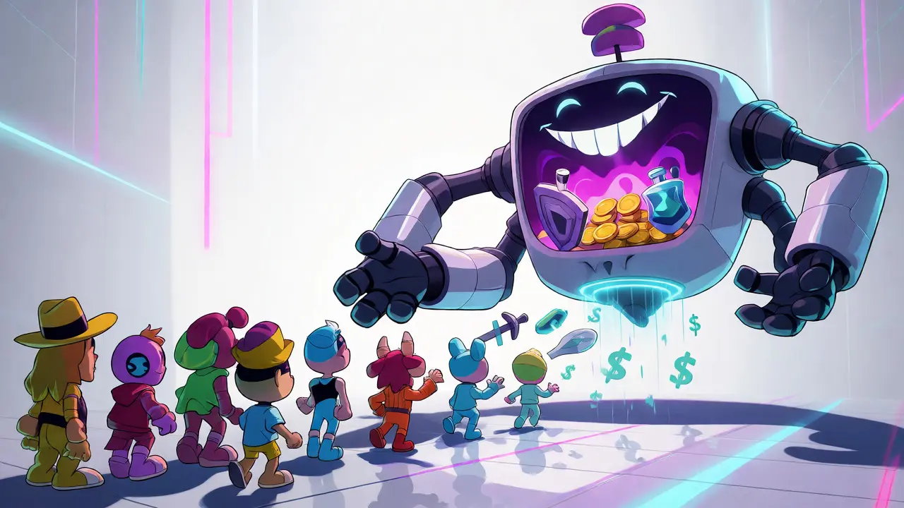 Cartoon robot delivering multiple items at once while a smart contract monster holds inventory.