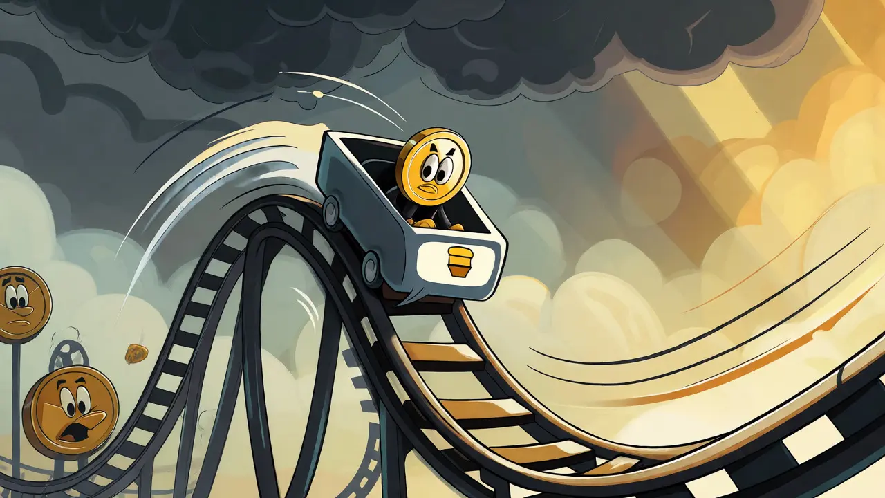 Cartoon token riding a steep roller coaster representing crypto volatility.