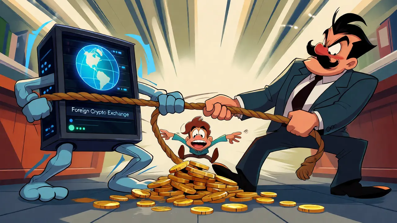 Cartoon tug-of-war between a U.S. taxpayer, foreign crypto exchanges, and the IRS over asset reporting.