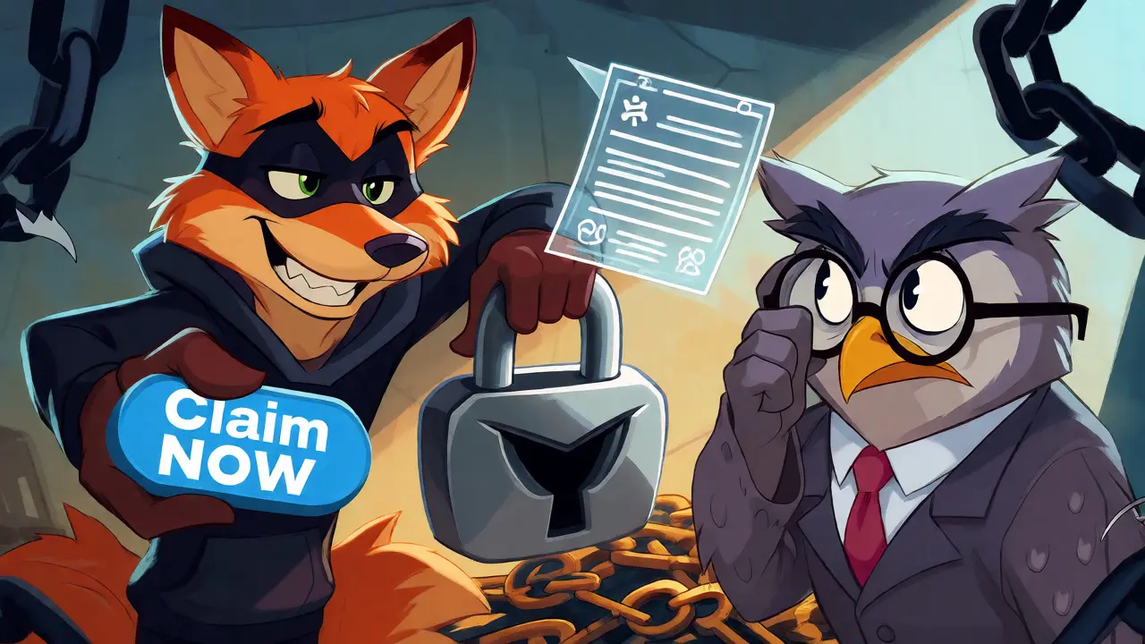 Cautious investor facing a sly hacker near a fake claim button and security lock.