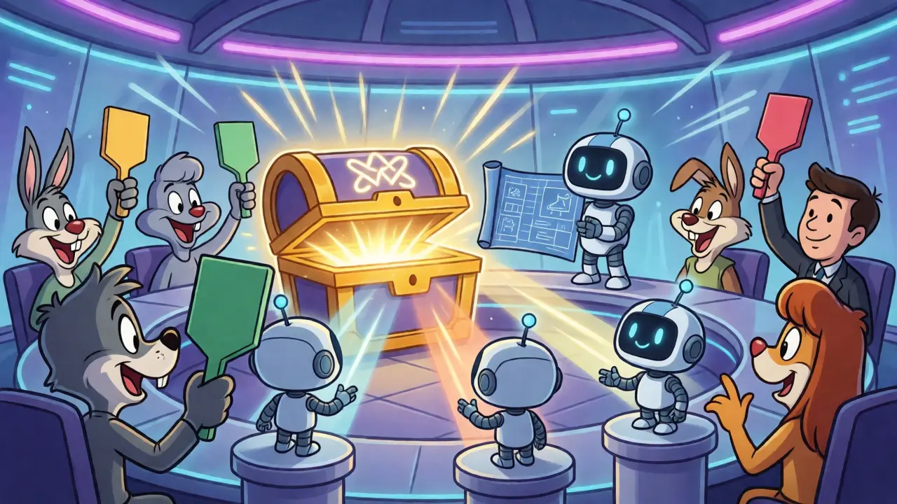 Community members voting to fund AI projects in a futuristic cartoon room.