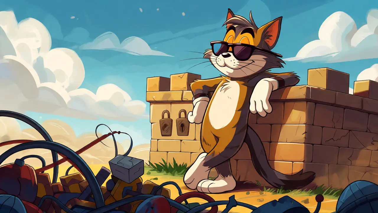Cool cartoon cat relaxing by a secure fortress while ignoring chaotic piles of risk.