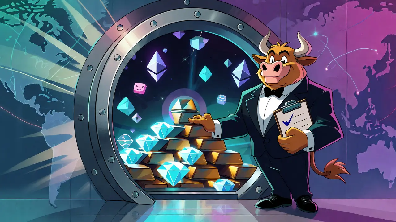 Corporate bull mascot guarding digital crypto assets in a vault