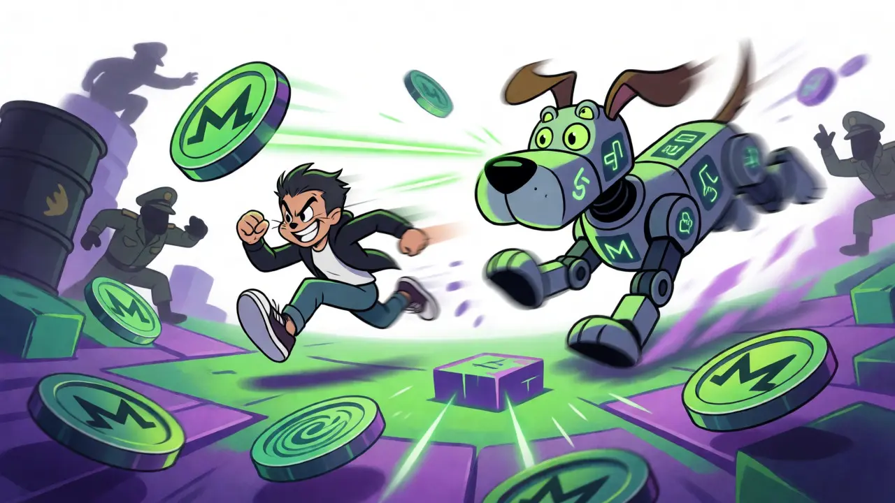 Crypto trader dodging AI watchdog lasers in a digital blockchain chase