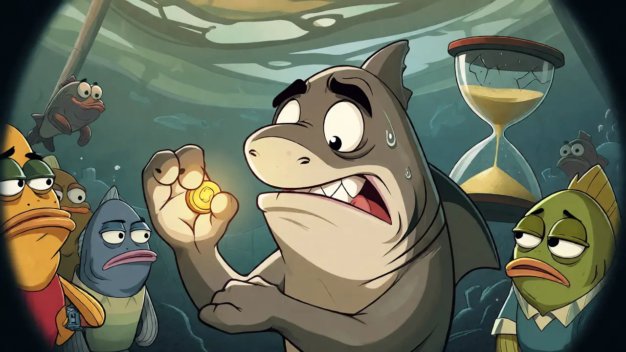 Desperate cartoon shark trying to sell a token to bored fish