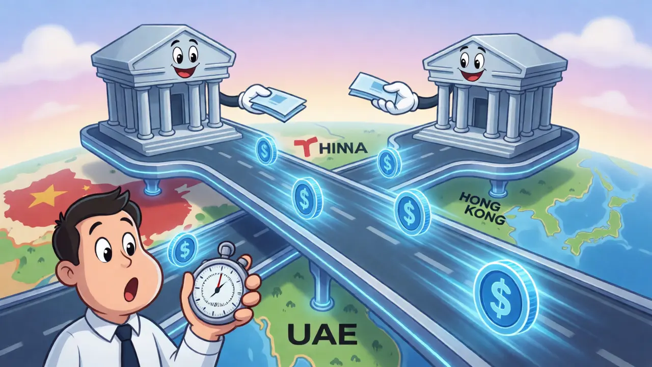 Digital coins speeding across a futuristic highway linking international banks instantly.