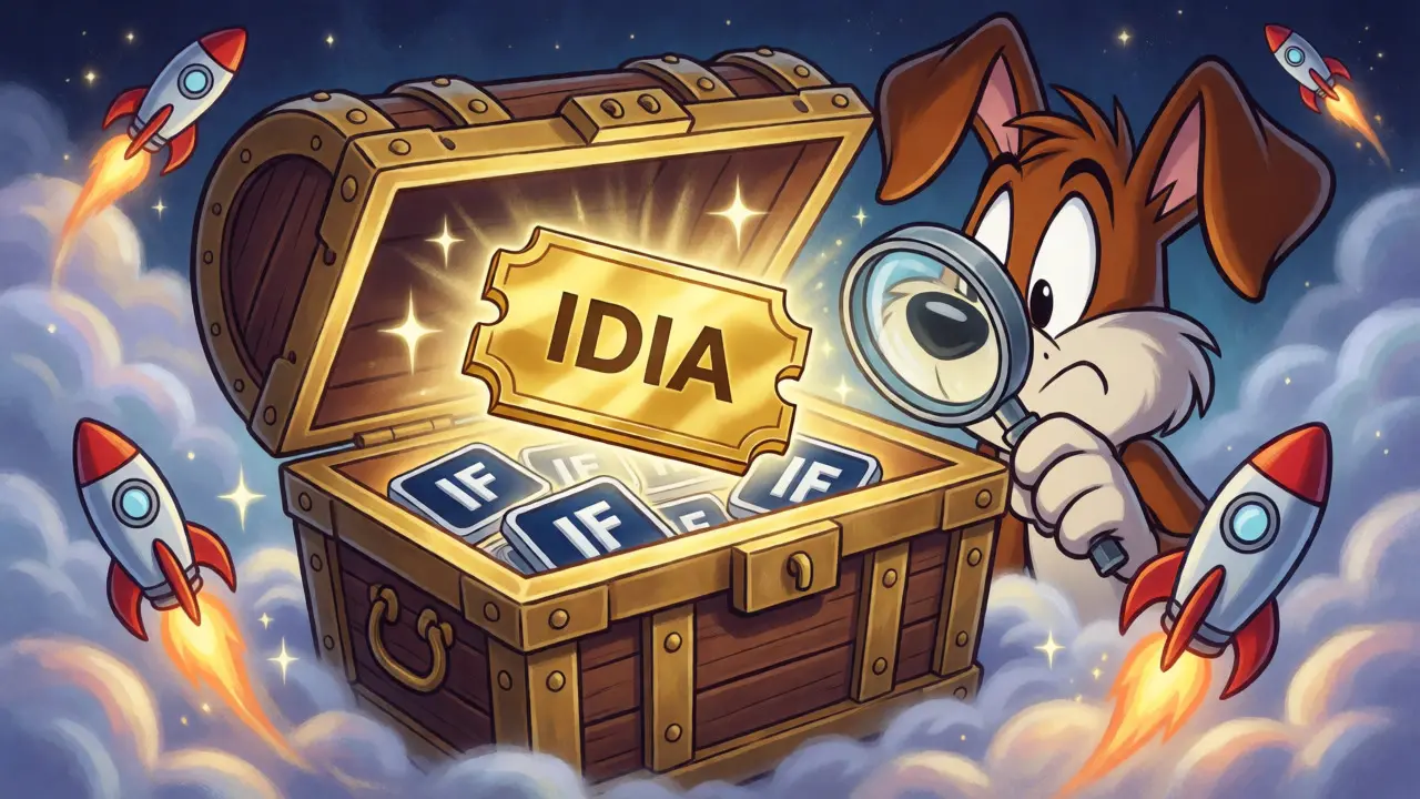 Dog inspecting treasure chest with IF tokens and golden IDIA ticket