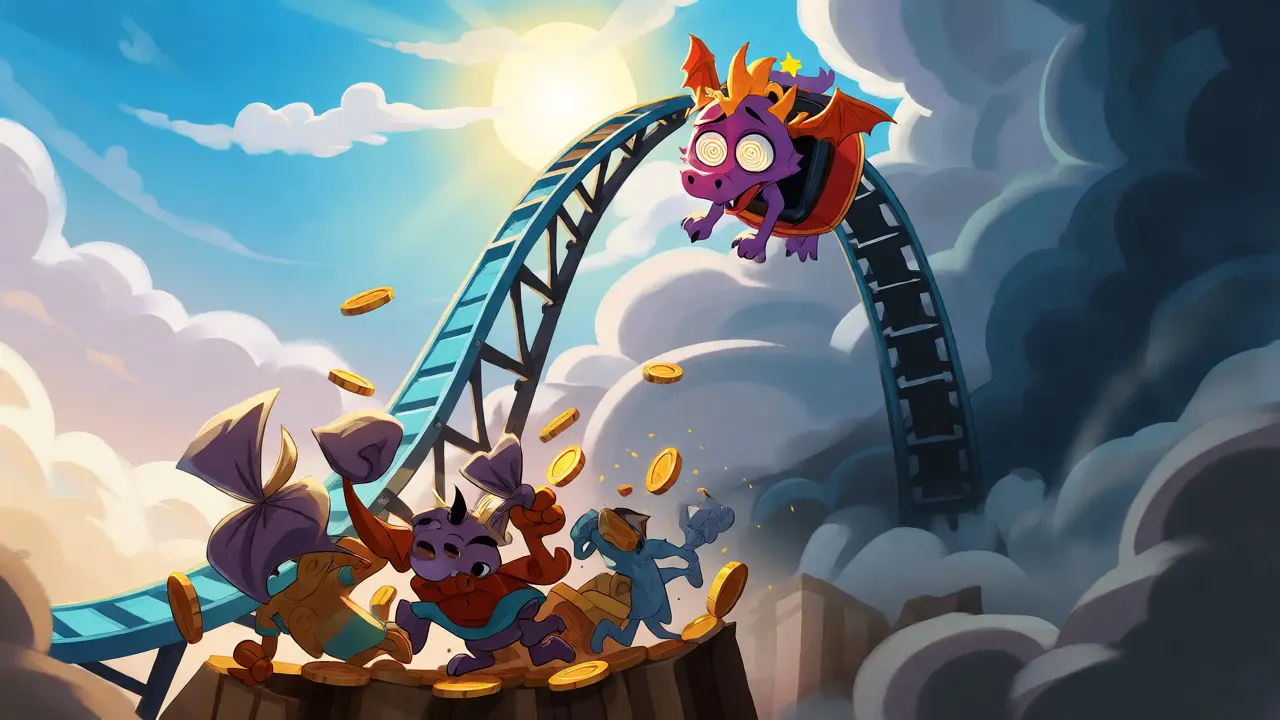 Dragon riding a rollercoaster during a volatile price crash