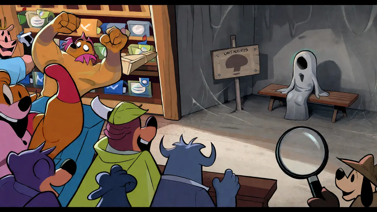 Empty, dusty corner with a ghost figure amidst a busy trading floor cartoon.