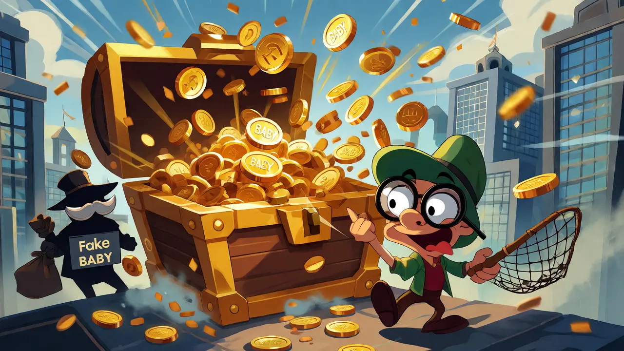 Excited cartoon investor catching falling BABY tokens while a scammer looks on.