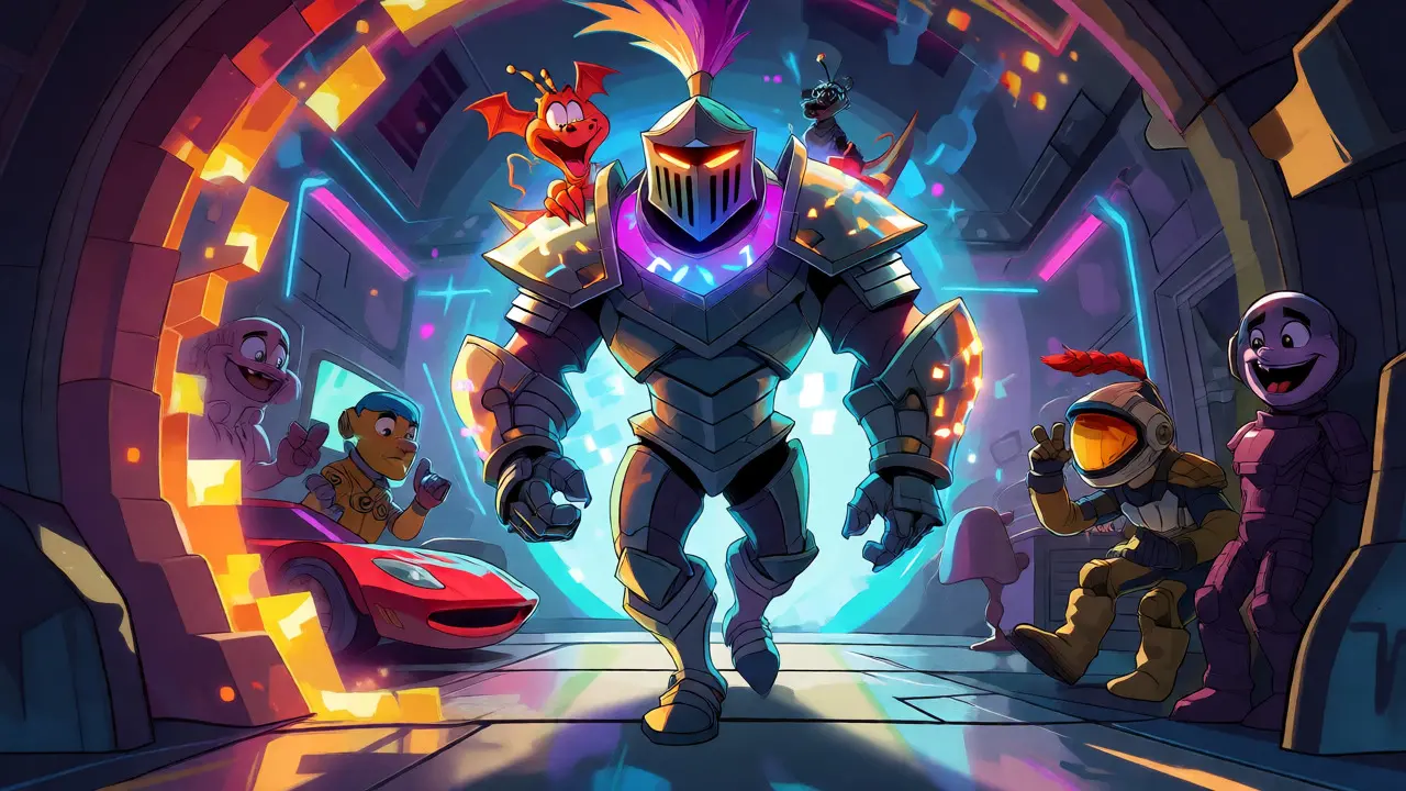 Fantasy knight character walking through a pixel portal into a sci-fi game world.