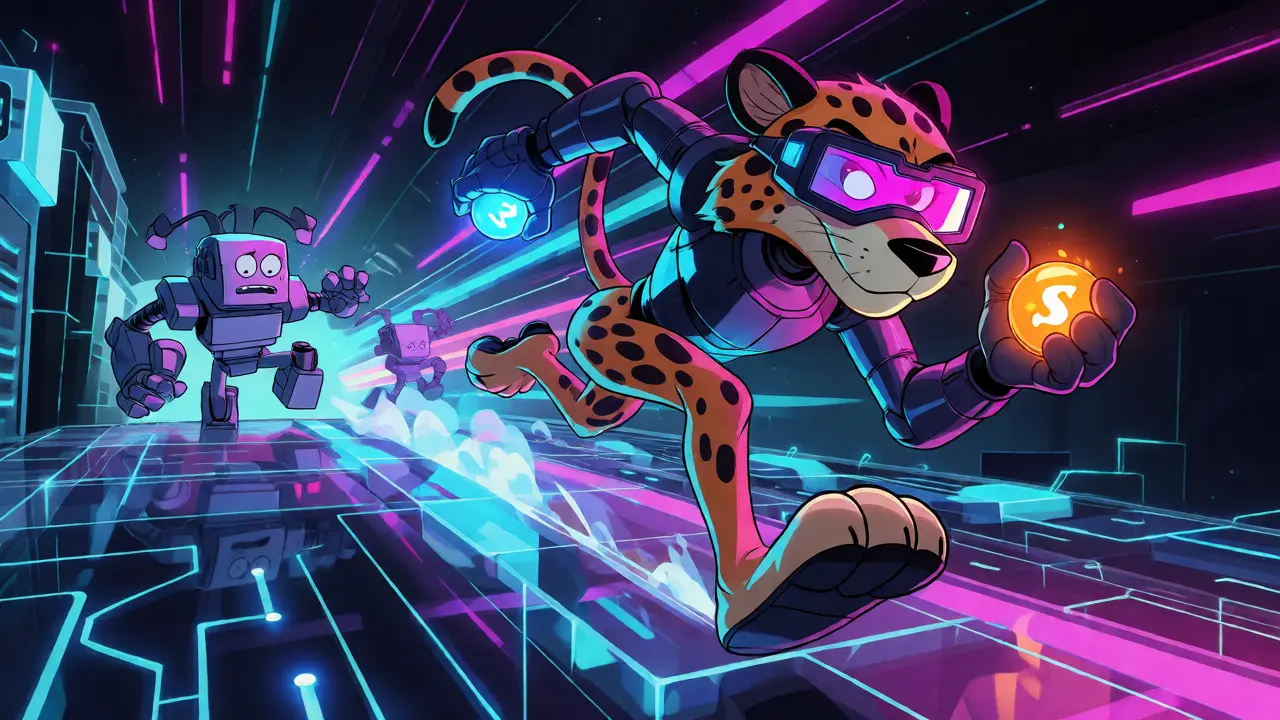 Fast cheetah racing past slow robots symbolizing quick swaps