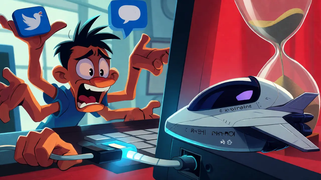Frantic cartoon character juggles social icons and connects a wallet under a ticking clock.