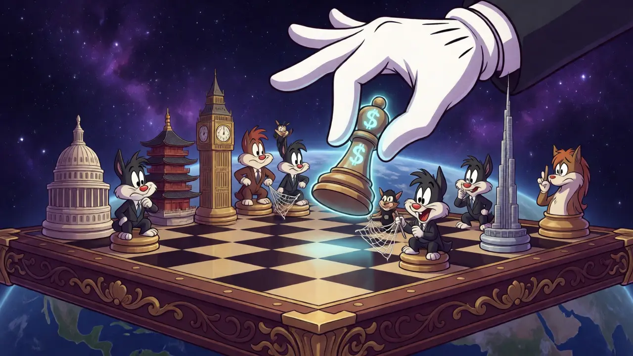 Geopolitical chess match with landmark-shaped pieces competing for financial dominance.
