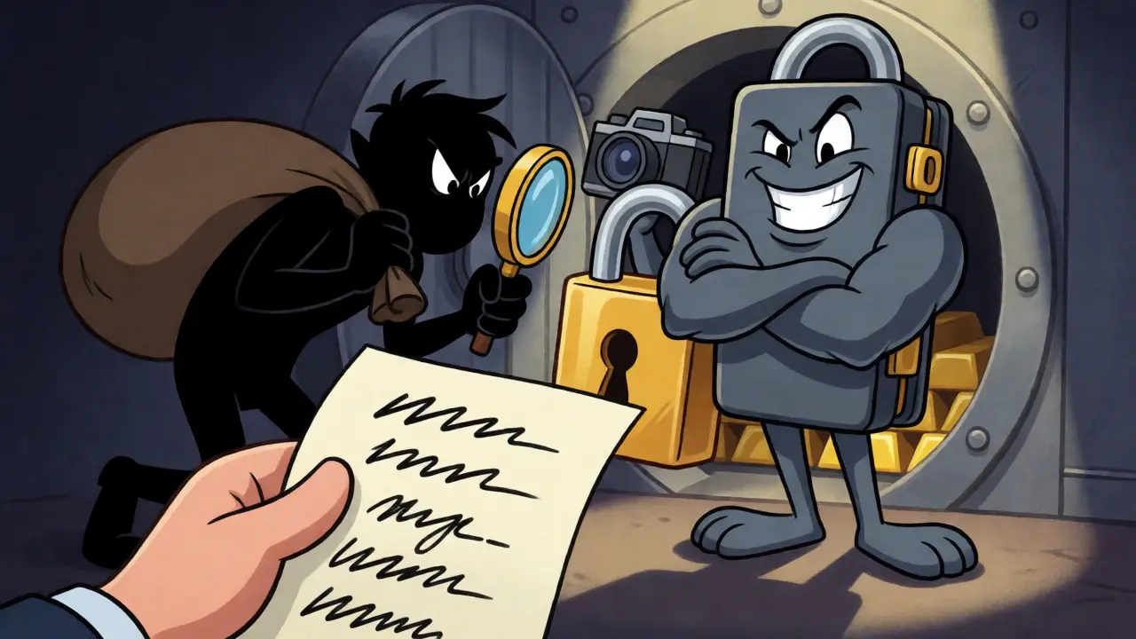 Hardware wallet guarding a seed phrase paper from a sneaky thief in animation style.