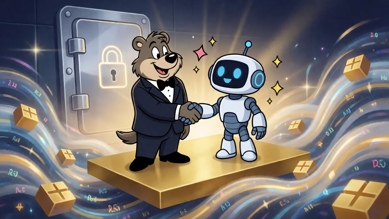 Hedge fund bear shaking hands with Brine robot