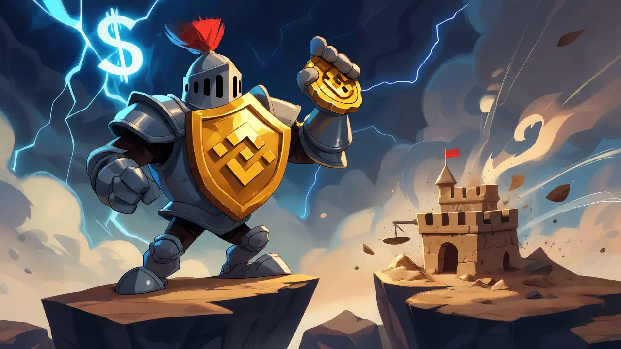 Knight with shield facing a collapsing sandcastle in a stormy landscape.