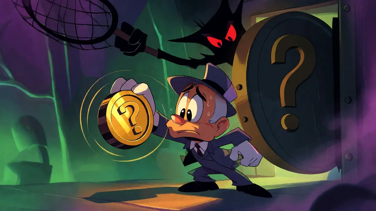 Nervous cartoon investor struggling to retrieve a coin from a mysterious vault.