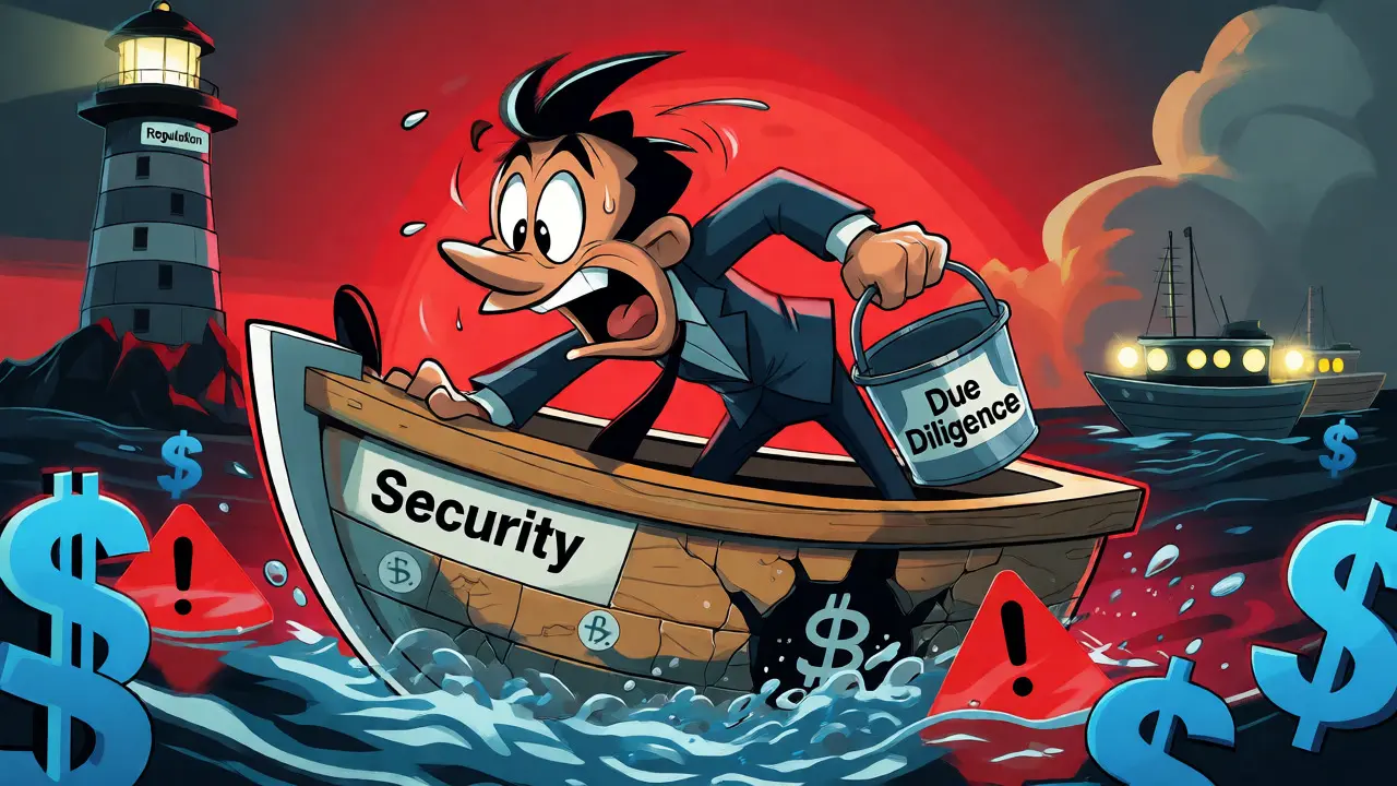 Panicked cartoon businessman bailing water from a leaking security boat.