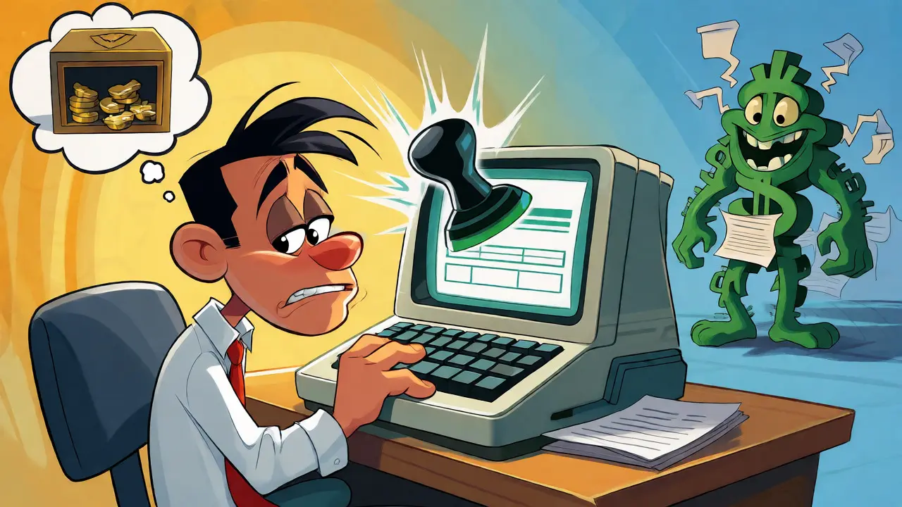 Relieved cartoon character successfully filing FBAR online, defeating the penalty monster.
