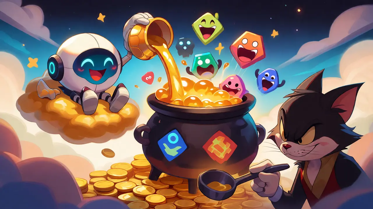Robot pouring gold into a pot while a cat steals some