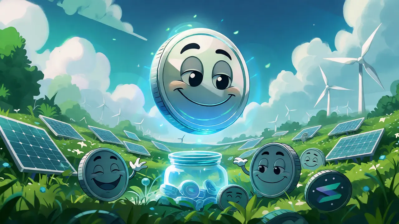 Sleek digital coins floating peacefully over a green renewable energy landscape.