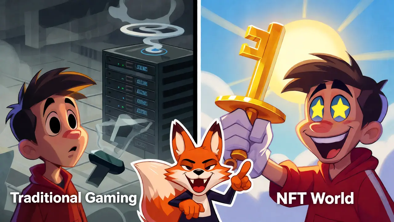 Split screen showing sad traditional gamer vs happy NFT owner holding a key to assets.