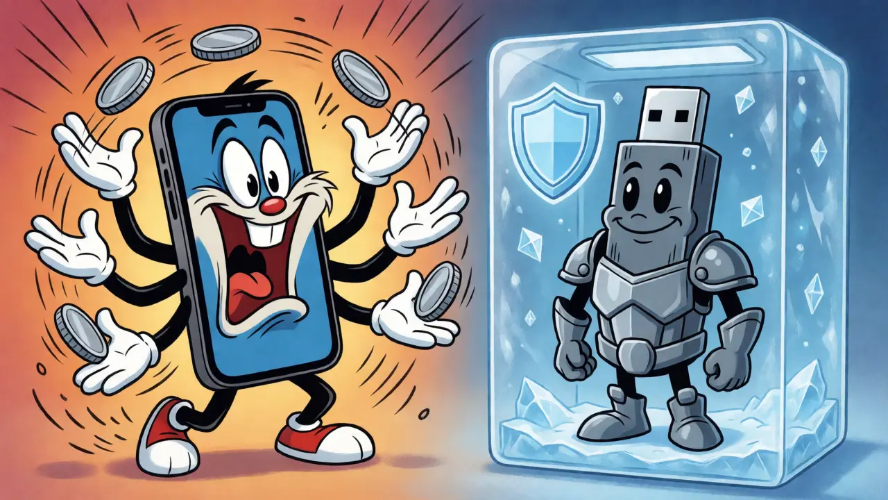Split view of a frantic phone versus a frozen, secure hardware wallet in cartoon style.