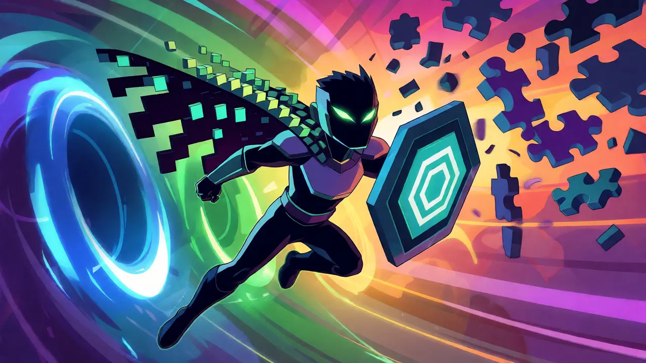 Superhero character flying through blockchain portals holding a hexagonal shield.