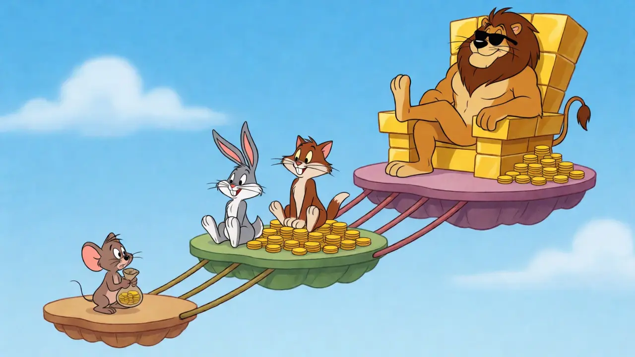Tiered platforms with animals representing different staking levels