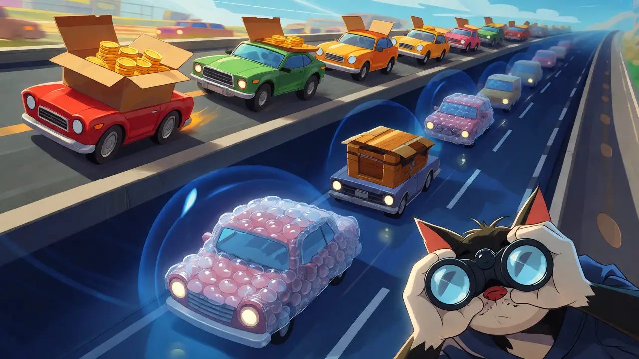 Two cartoon highways showing public vs. private encrypted blockchain traffic.