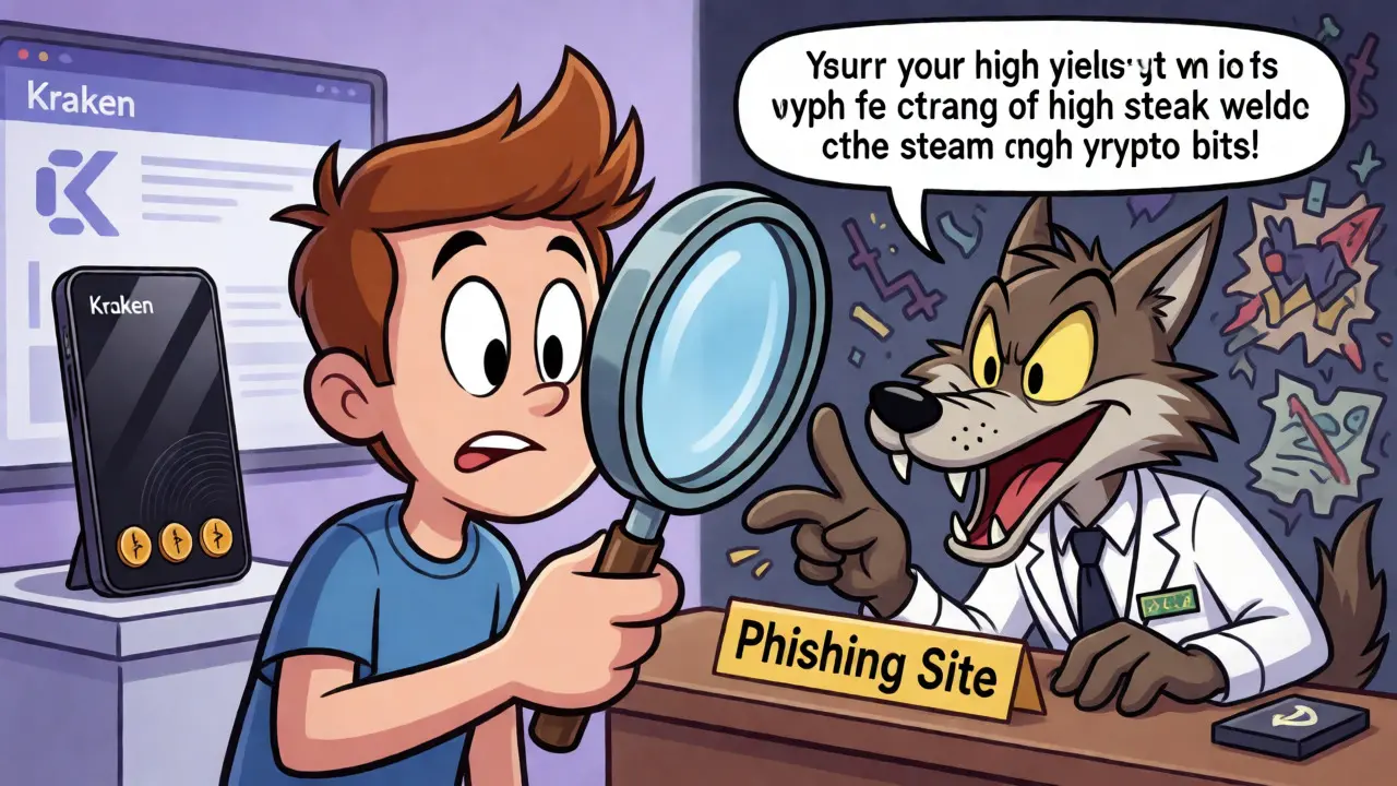 User avoiding a scammer trap near a secure hardware wallet.