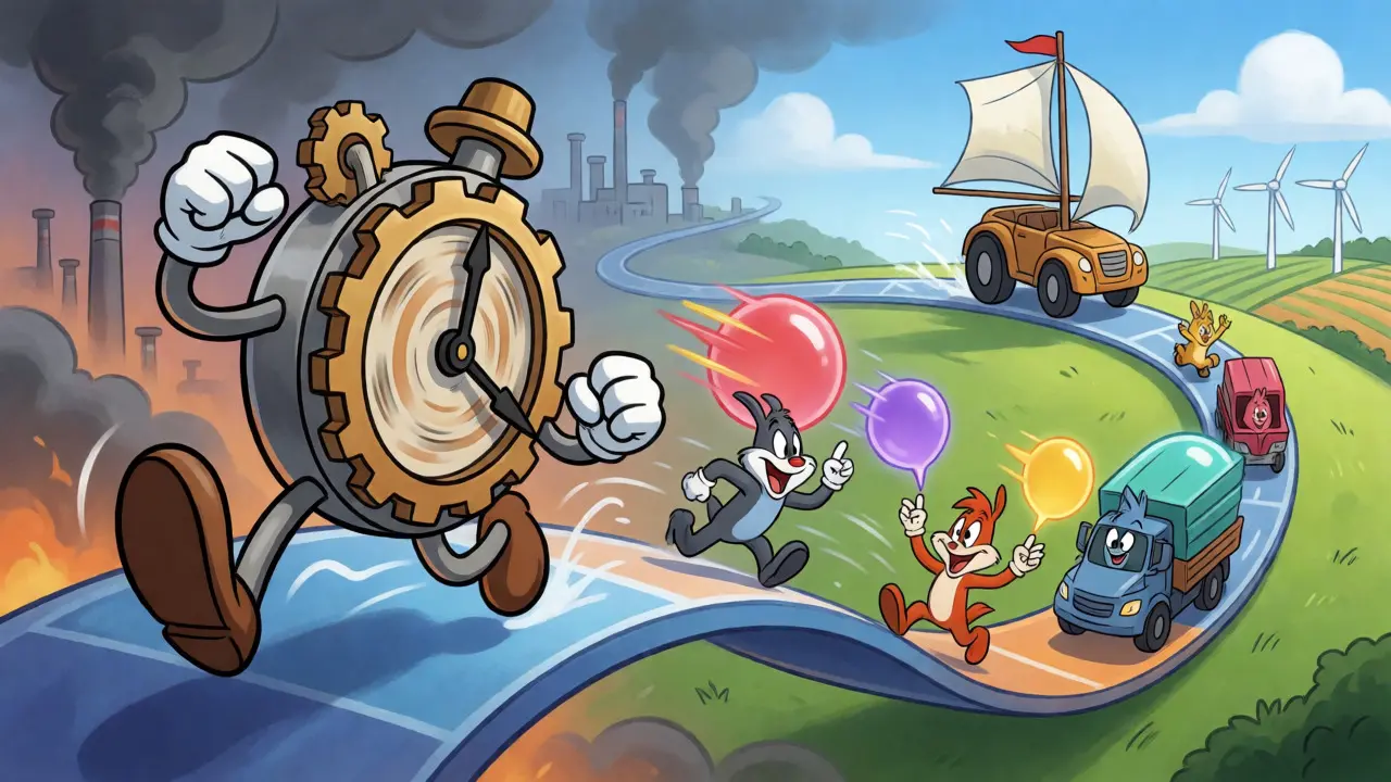 Whimsical clockwork character racing on a timeline representing fast, low-energy consensus