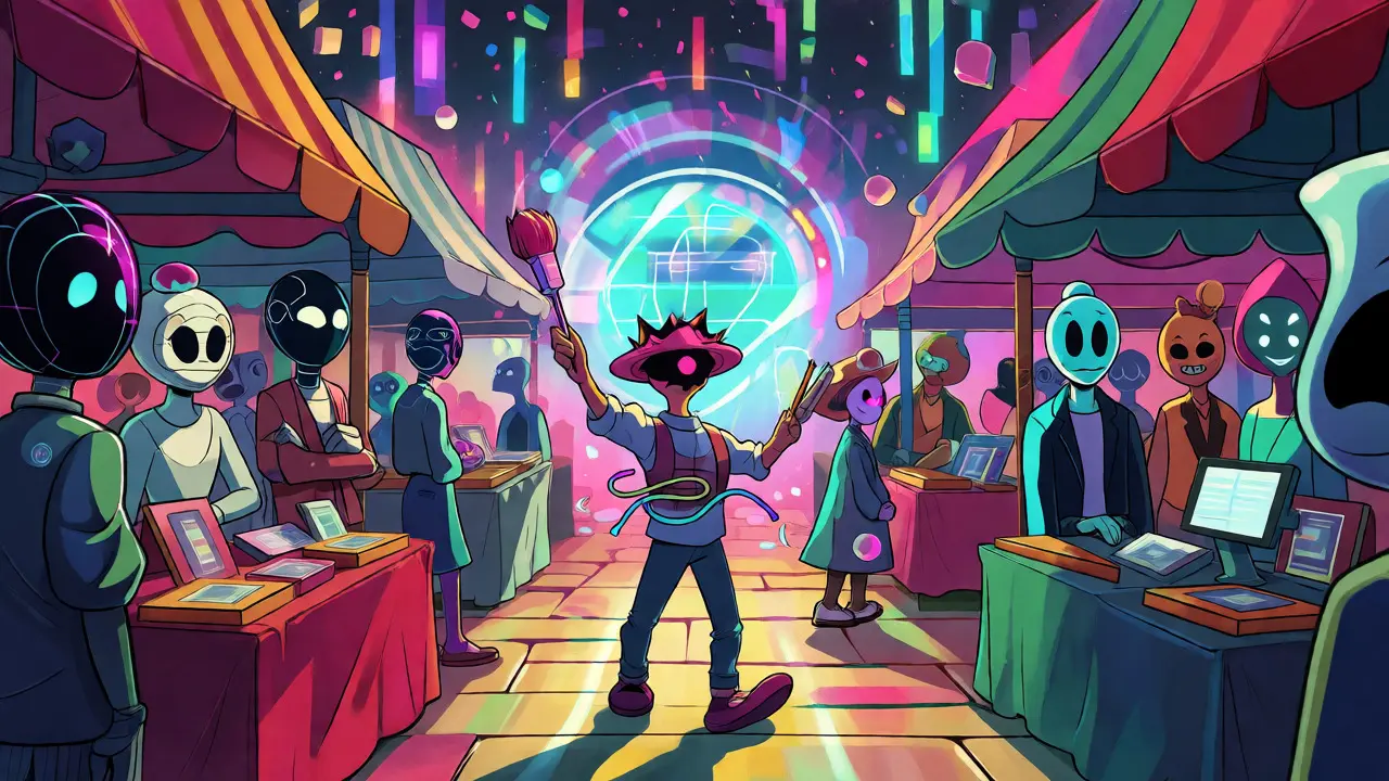 Whimsical digital marketplace with AI characters and artists in Looney Tunes style.
