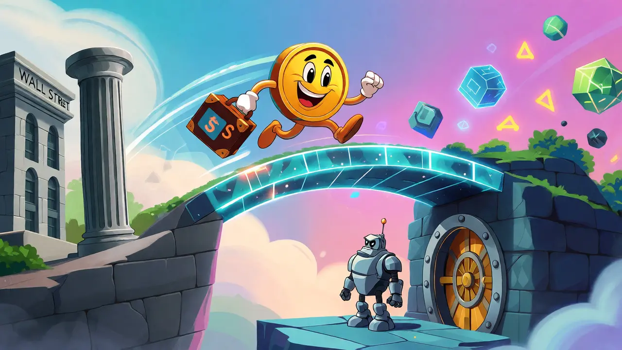 Cartoon bridge connecting Wall Street and Web3 with a coin character