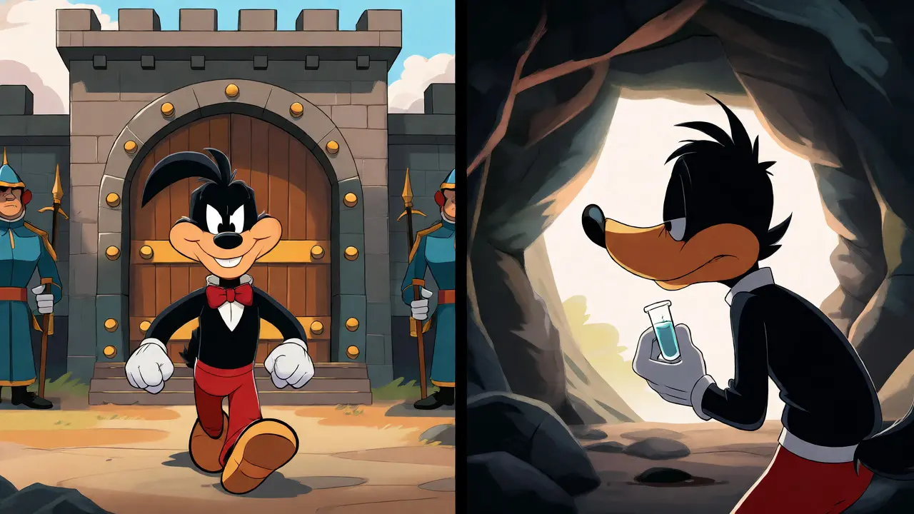 Cartoon comparison between secure bank and mysterious cave