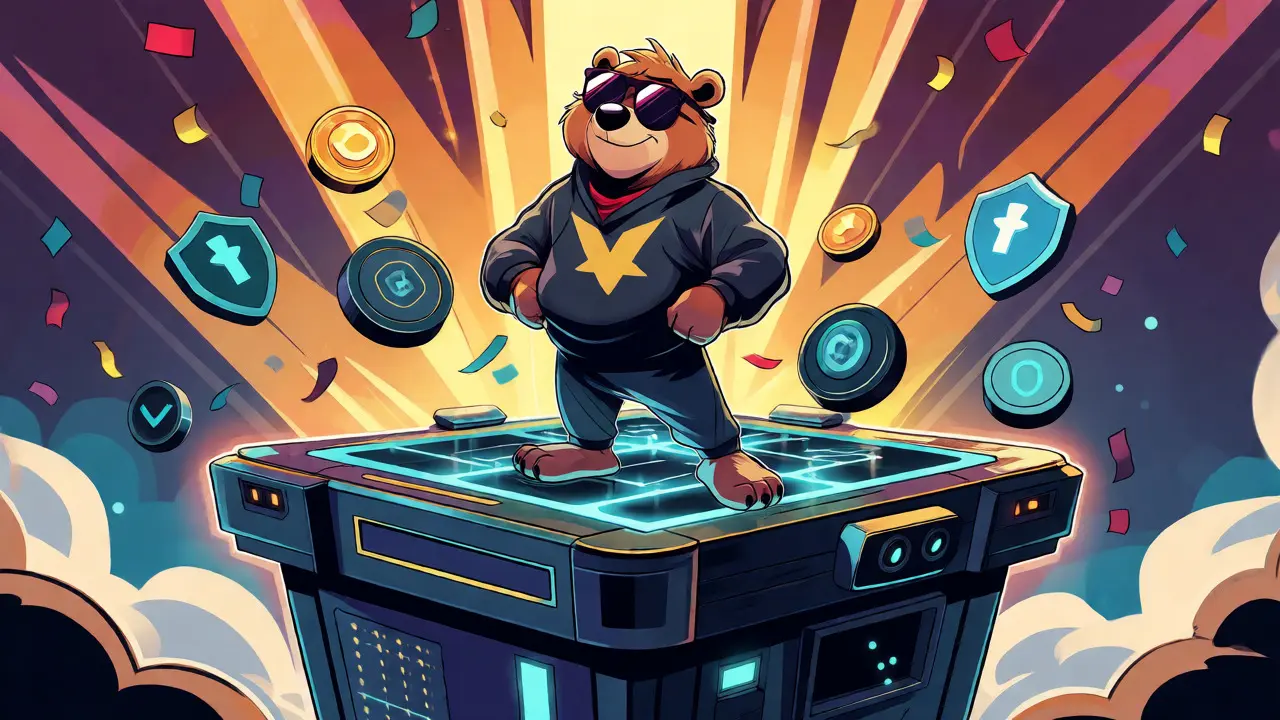 Confident cartoon mascot standing on integrated DeFi superapp platform with trading tools.