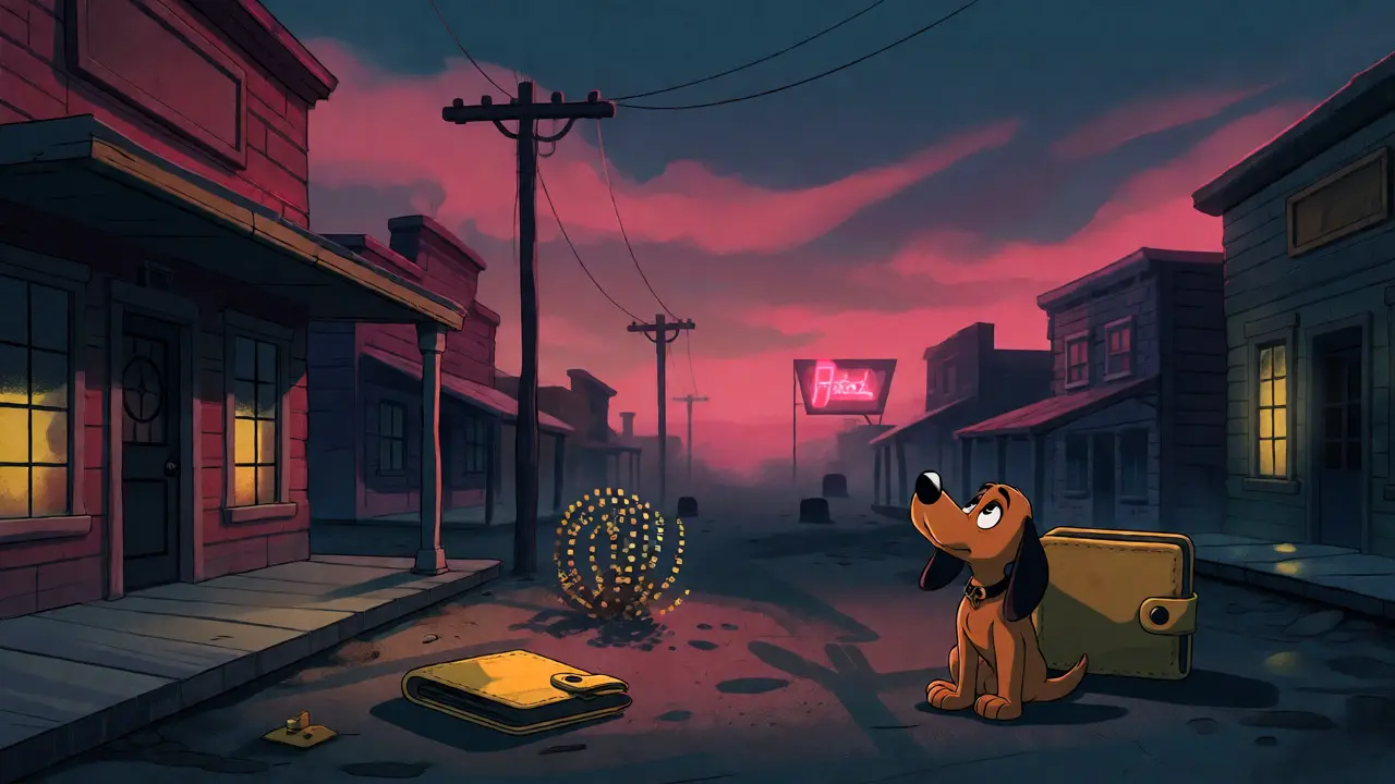 Empty crypto wallets in a desolate ghost town setting