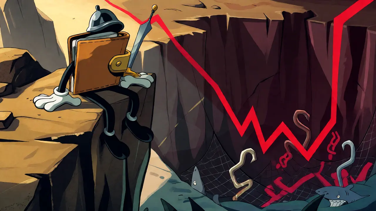 Exhausted cartoon wallet character standing near a crashing price graph.