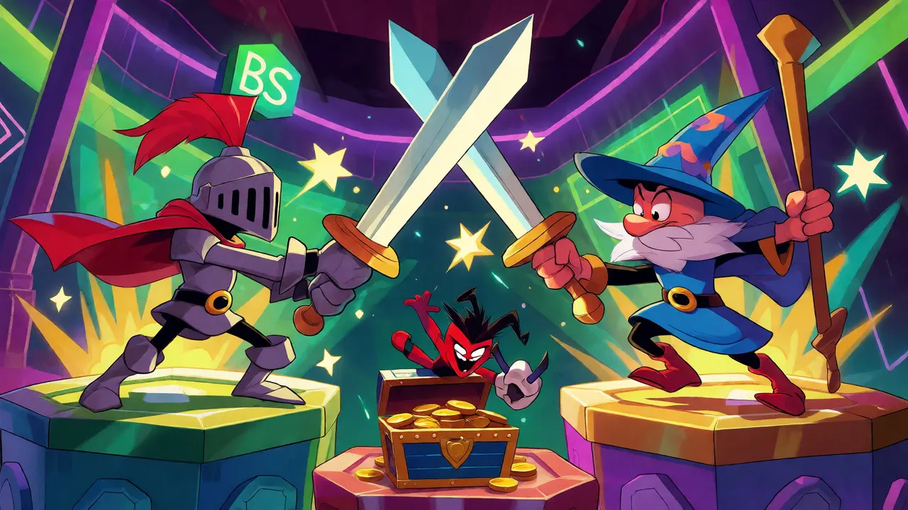 Fantasy heroes battling on blockchain platforms in a colorful arcade arena.