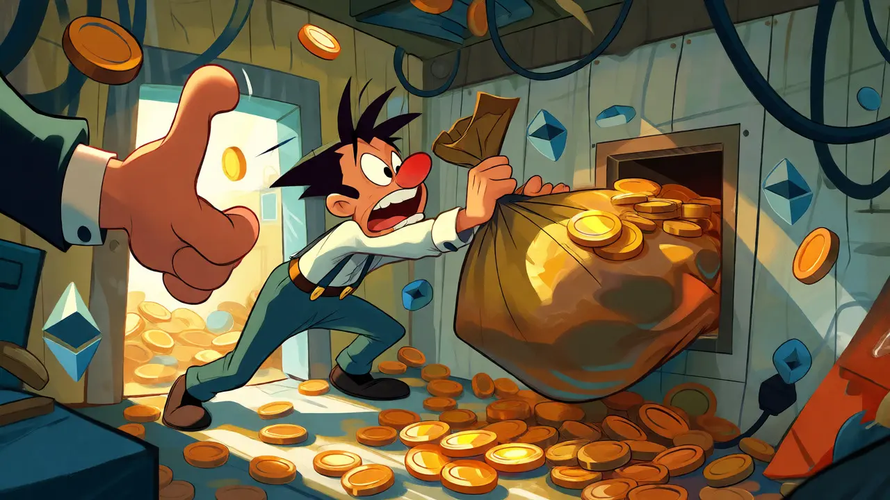 Frantic trader struggling to fit money into a small slot