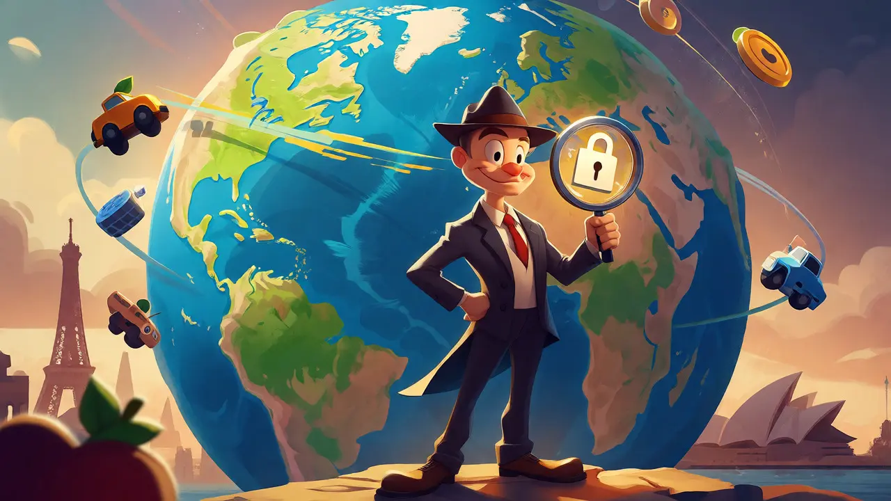 Global investor with floating stock tokens around a rotating Earth